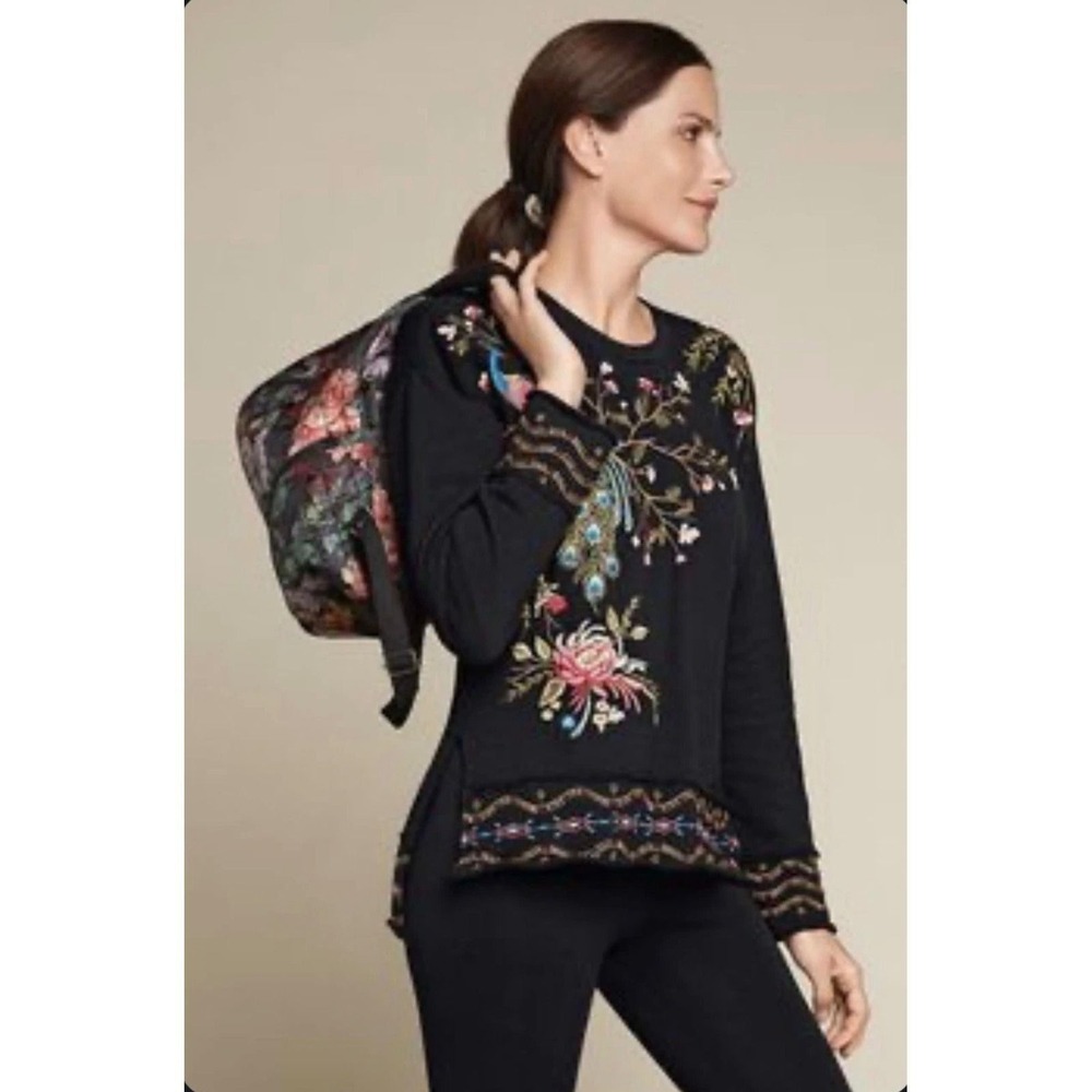 Johnny Was Anzia Sweatshirt Womens Black Peacock Embroidered Boho Maximalist XL - Picture 3 of 4